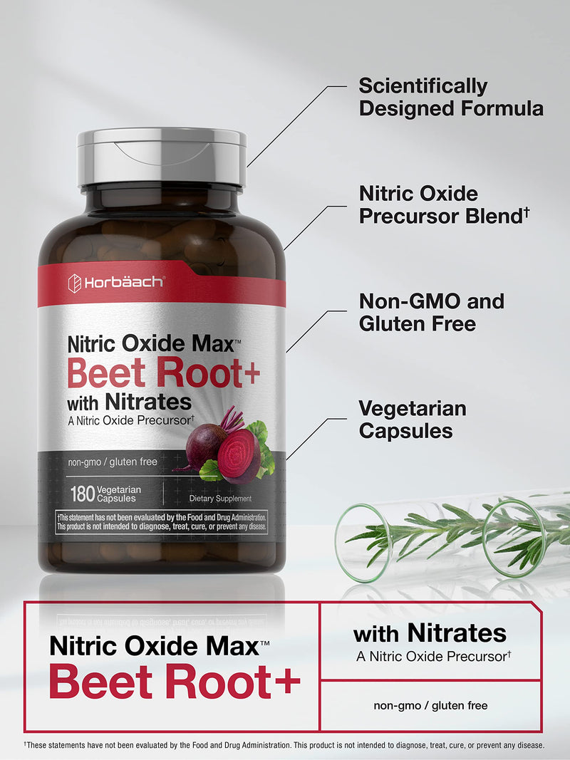 Horbäach Nitric Oxide Beet Root Capsules and Precursor | with Nitrates | 180 Count | Vegetarian, Non-GMO, Gluten Free Supplement