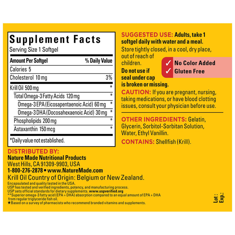 [Australia] - Nature Made Superior Absorption Krill Oil 500mg with Astaxanthin and Phospholipids, Omega 3s for Heart Health Support, 100 Softgels, 100 Day Supply 