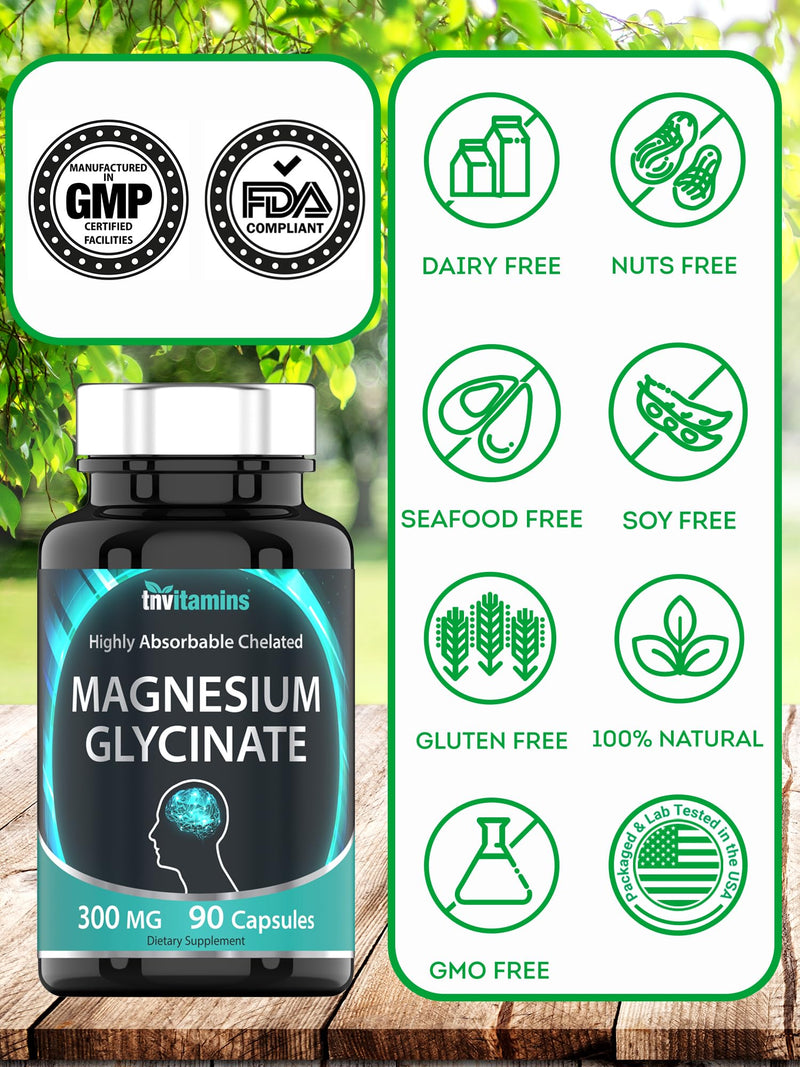 [Australia] - Magnesium Glycinate Capsules (300 MG x 90 Count) | Pure Chelated Magnesium Bisglycinate Powder Supplement | Glicinato de Magnesio | Calm, Sleep, Muscle, Nerve, & Stress Support* | by TNVitamins 