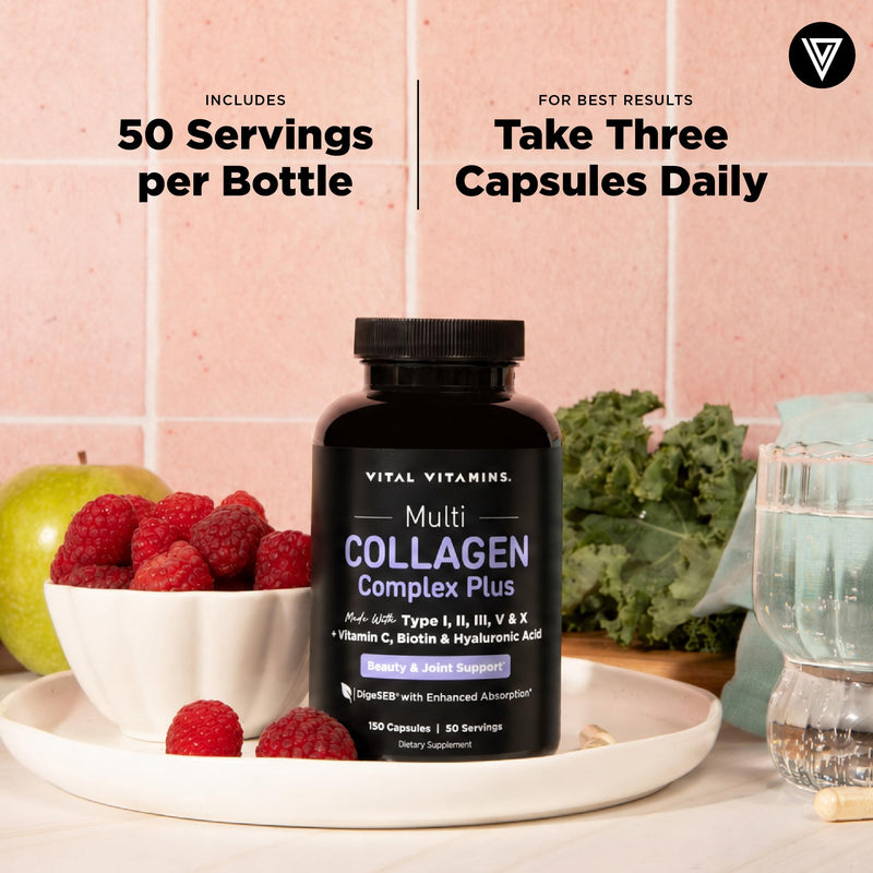 Vital Vitamins Multi Collagen Complex Plus Biotin, Hyaluronic Acid & VIT. C | Hair, Skin, & Nails Supplements for Women and Men, 5 Collagen Types I II III V & X, 150 Capsules (2-Pack) 150 Count (Pack of 2)
