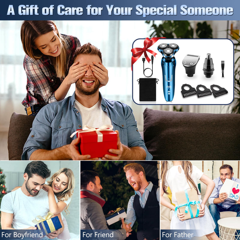 Electric Razor for Men, Shaver for Men Face,Waterproof Wet Dry Electric Shavers LED Display Cordless with Rechargeable Nose Hair Trimmer and Beard Trimmer,Prtable Travel Men's Razors Led Blue