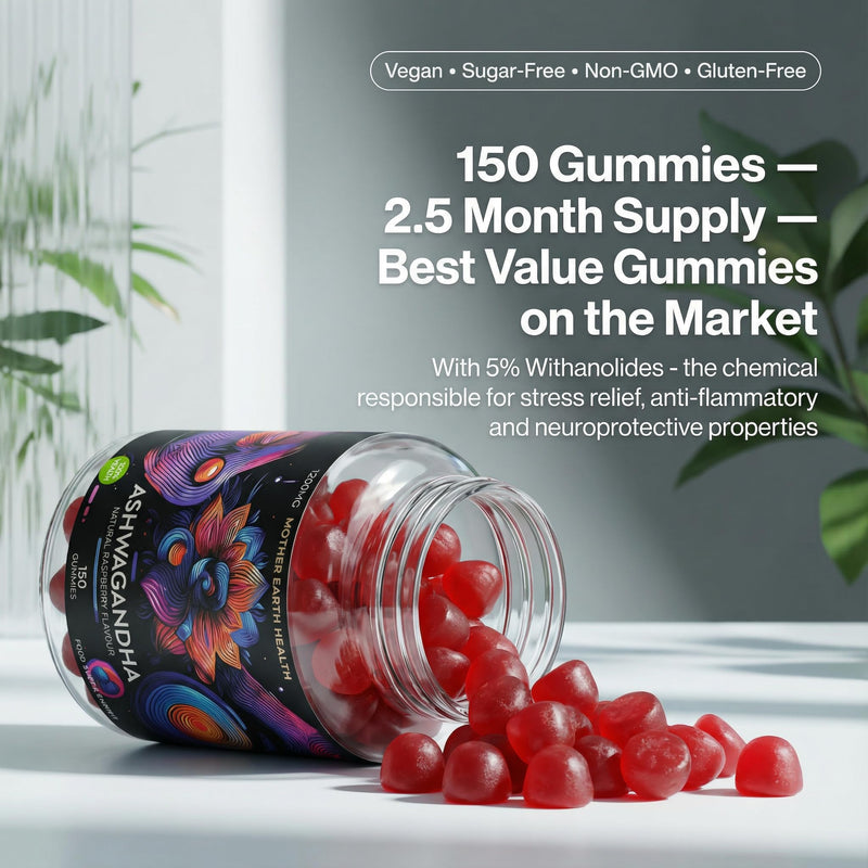 Ashwagandha Gummies 1200mg – 150 Gummies – 2.5 Months Supply - 5% Withanolides – Natural Raspberry Flavour – High Strength - Stress Relief & Mood Support – Vegan, Non-GMO, Gluten Free