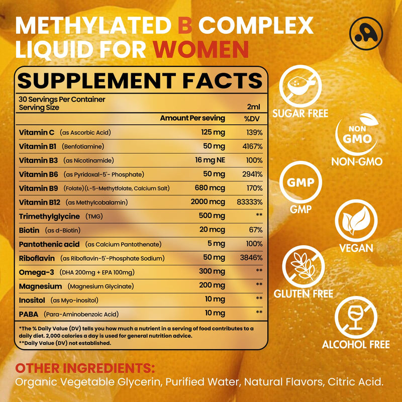 Methylated B Complex Liquid Drops, B Vitamins for Women, Energy, 2 Fl Oz | With Methyl B12, Methylfolate, B1, B3, B5, B6, B7, C, Omega-3, Inositol, Magnesium, TMG. Vegan, Non-GMO, Gluten-Free