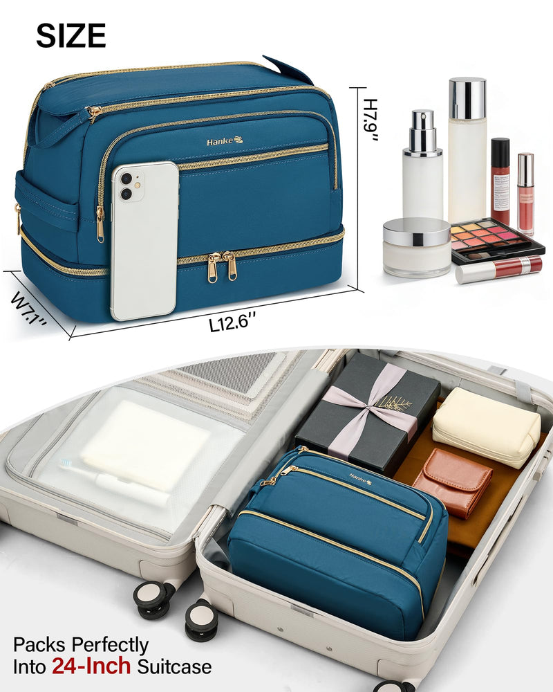 Hanke Travel Toiletry Bag, Lightweight Wide-open Makeup Bag, Dual-Layer Travel Bag for Toiletries Water-Resistant Cosmetic Bags Large Toiletry Bags for Women & Men, Travel Essentials, Navy Blue