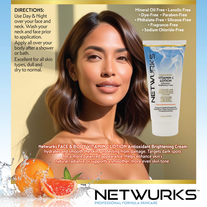 Vitamin C Lotion, Antioxident Cream for Face & Body, Smoothes & Hydrates Skin, Helps Reduce Blemishes, Fine Lines, & Wrinkles, 6 Fl Oz