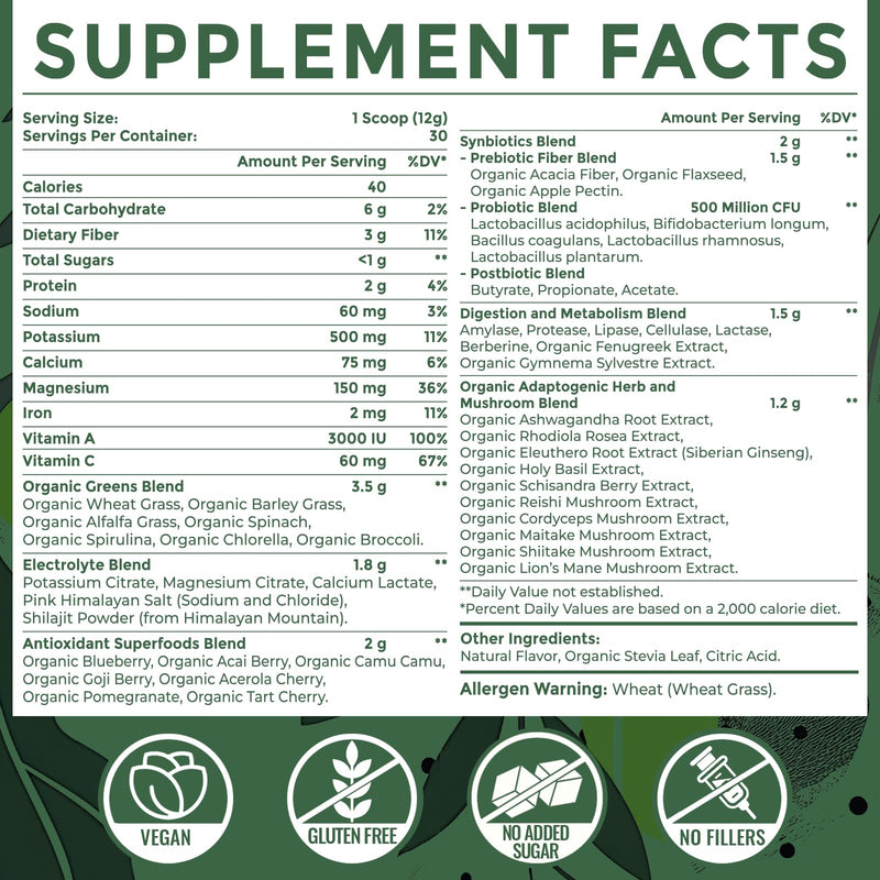 [Australia] - Super Greens Powder Superfood + Electrolytes & Tonic Herbs | Organic Greens, Shilajit, Adaptogens, Antioxidants, Preobiotic & Probiotic & Postbiotic| for Energy, Gut & Immune| Unflavored - 30 Servings 12.7 Ounce (Pack of 1) 