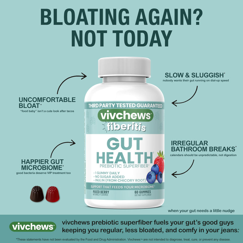 Gut Health Gummies – Prebiotic Fiber for Bloating Relief, No Sugar Added, Non-GMO, Fruit Pectin Based, Gluten-Free, No Artificial Colors, Flavors or Sweeteners, 2 Month Supply