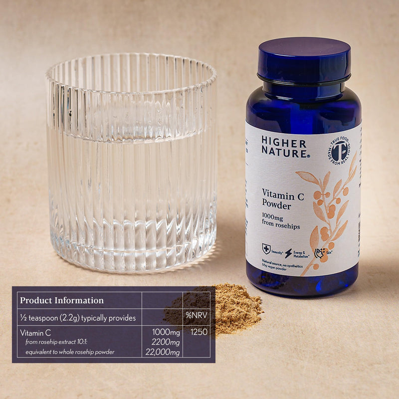 Higher Nature Vitamin C Powder - 1000mg Vitamin C from Rosehips - True Food® Formula - Natural Vit C - Immune System Support - Energy, Beauty, Joint, Bone & Collagen Support - 100% Plant Powered - 66g