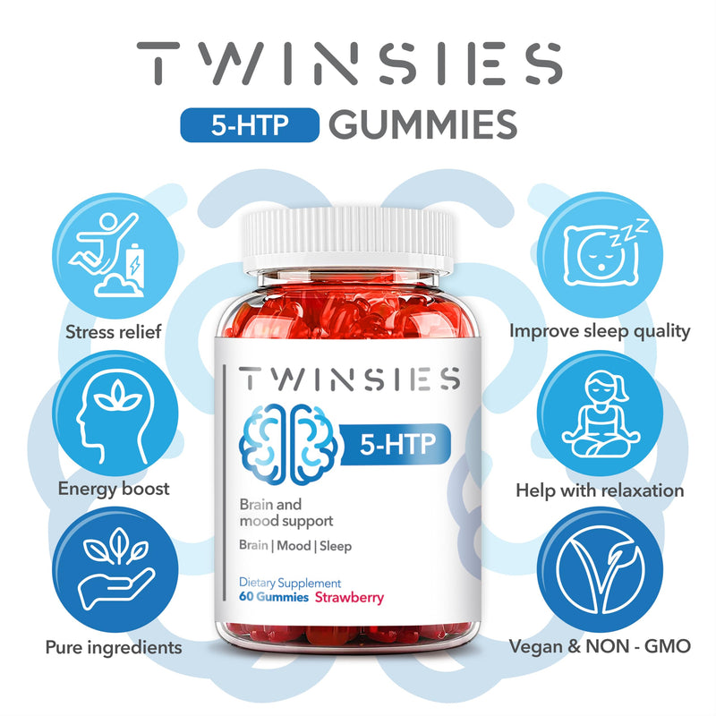 [Australia] - 5-HTP Gummies 200mg with L-Tryptophan Supplement for Brain, Mood Stabilizer and Sleep Support, 60 Strawberry Gummies (Strawberry) 