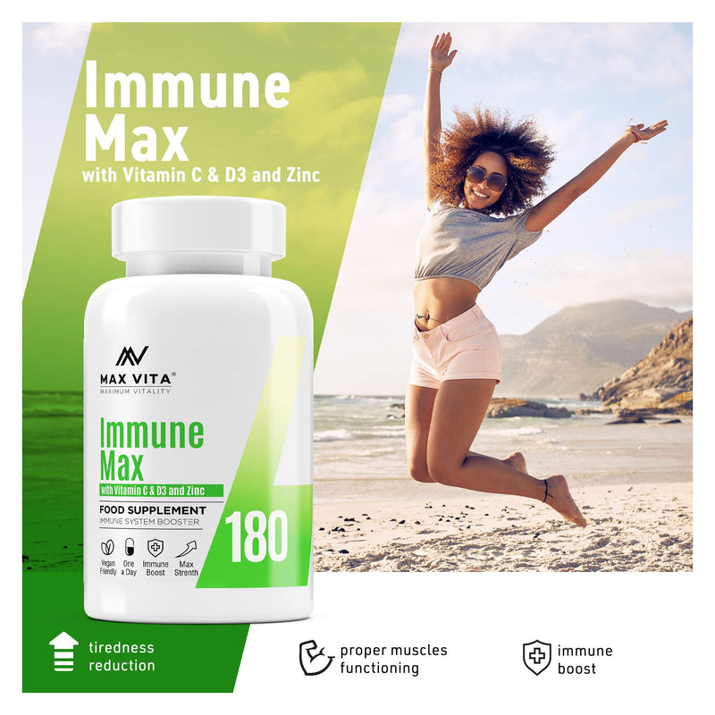 Vitamin C with Zinc 15mg & Vitamin D3 2000IU Multivitamin for Men & Women Immune Booster Strong Bones Teeth - 180 Vegan & Vegetarian Tablets Made in The UK