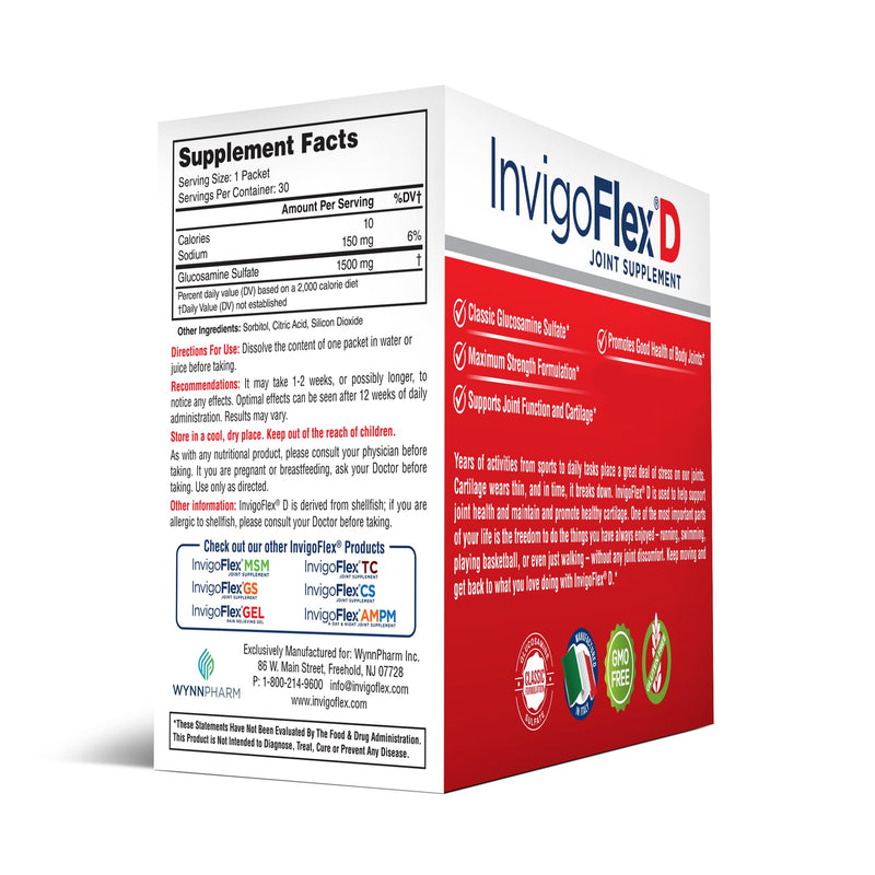 INVIGOFLEX® D - 1500mg of Glucosamine Sulfate Powder (Classic Formulation) - Premium Joint Supplement for Knees, Hands, Back, and Hip Support Packets | 30 Packets 1.88 Pound (Pack of 1)