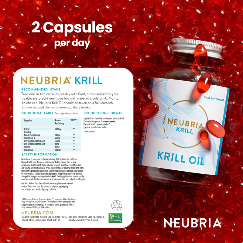 Neubria Krill Oil Omega-3 Capsules High Strength 1000mg | EPA & DHA with Marine Phospholipids, Astaxanthin & Choline | Antarctic Krill Oil | Cod Liver & Fish Oil Alternative | 60 Softgels HIGH POTENCY 1000 MG