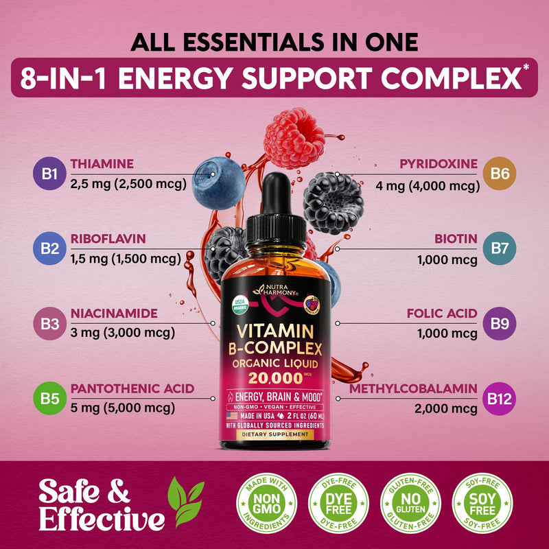 USDA Organic Vitamin B-Complex 20000mcg - B5, B12, B1, B6, B7, B9, B3 - 2Oz | B Complex Liquid Drops - Pantothenic Acid, Methylcobalamin, Thiamine, Pyridoxine, Biotin, Folic, Niacinamide - Berry Flavor B-Complex 2oz