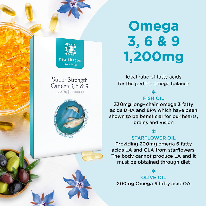 Healthspan Super Strength Omega 3, 6 & 9 1,200mg (90 Capsules) | Brain, Eye & Heart Health | Omega 3, 6 & 9 Fatty Acids | Premium Fish, Borage & Extra-Virgin Olive Oils | Sustainably Sourced
