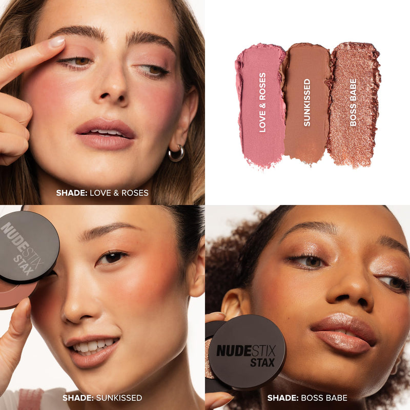 [Australia] - Nudestix Sunkissed Glow STAX Set – 3-Piece Cream Blush & Highlighter Makeup Sticks for Cheeks, Lips & Eyes | Includes Sunkissed, Love & Roses, BossBabe | Stackable, Multi-Use, Vegan Face Kit 