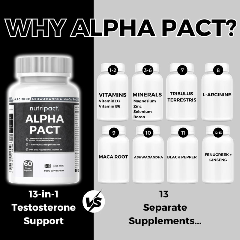 Testosterone Support for Men - Alpha Pact by Nutripact with Tribulus Terrestris, Ashwagandha, Maca, Zinc, Boron, Magnesium – 60 Vegan Capsules - Testosterone Supplements for Performance & Vitality