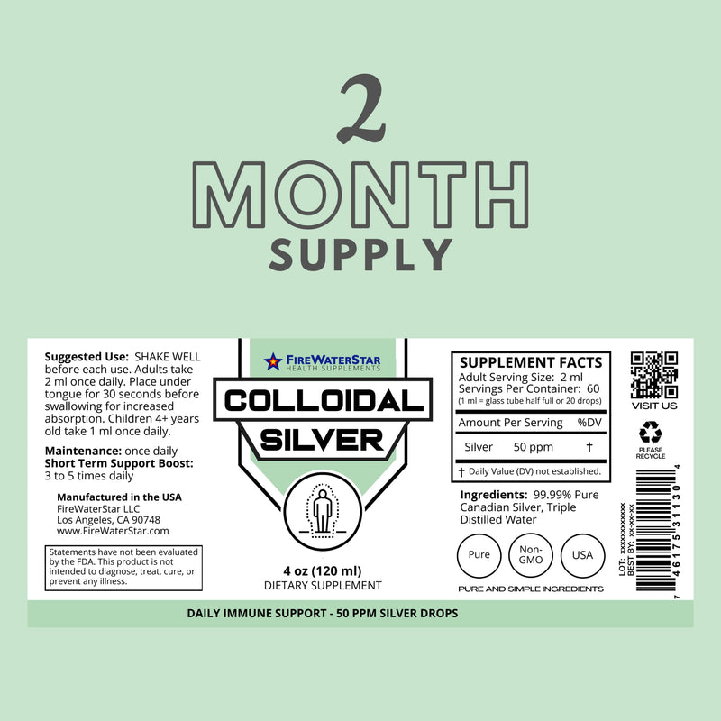 [Australia] - FWS Colloidal Silver for Immune Support - 99.99% Pure Silver Colloidal - 4 oz - 60 Servings - 2 Month Supply - Glass Bottle - 50 ppm Coloidal Silver Drops - Clear Liquid Silver - Plata Coloidal Dropper 