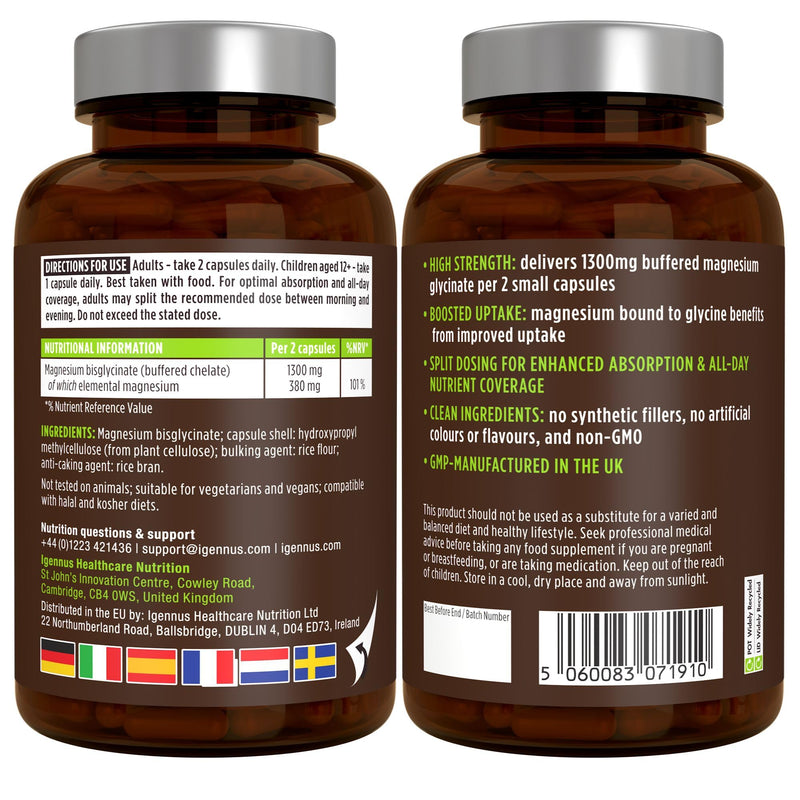 Igennus Chelated Magnesium Glycinate for High Strength Formula for Sleep & Relaxation, 380mg Elemental Magnesium, 100% NRV Per 2 Capsules, Gentle & High Absorption, 180 Vegan Capsules, Clean Label