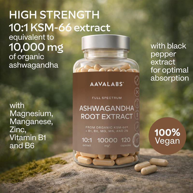 Ashwagandha KSM 66 -1000mg (Highly Concentrated 10:1 Extract Ratio Equivalent to 10,000mg per Serving)of which 5% Withanolides-with Vitamin B6, B1, Zinc, Magnesium & Manganese-120 Ashwagandha Capsules