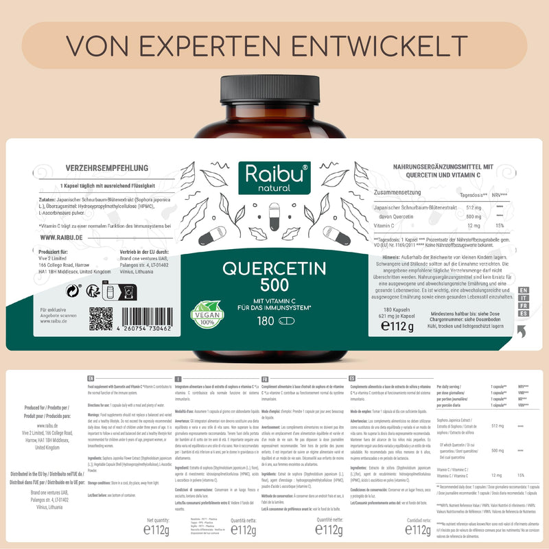 [Australia] - Quercetin high dose - 180 capsules - 500 mg quercetin per capsule - supply for 6 months - high-quality raw material: Japanese cord tree - no additives & vegan - Raibu 