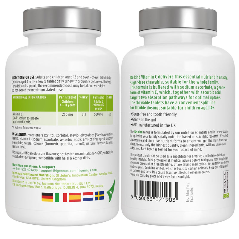 Igennus Advanced Vitamin C 500mg Chewable Tablets, 120–240 Servings for Kids & Adults, Gentle Buffered 2 in 1 High Absorption Forms, Sugar-Free Citrus Flavours, Vegan