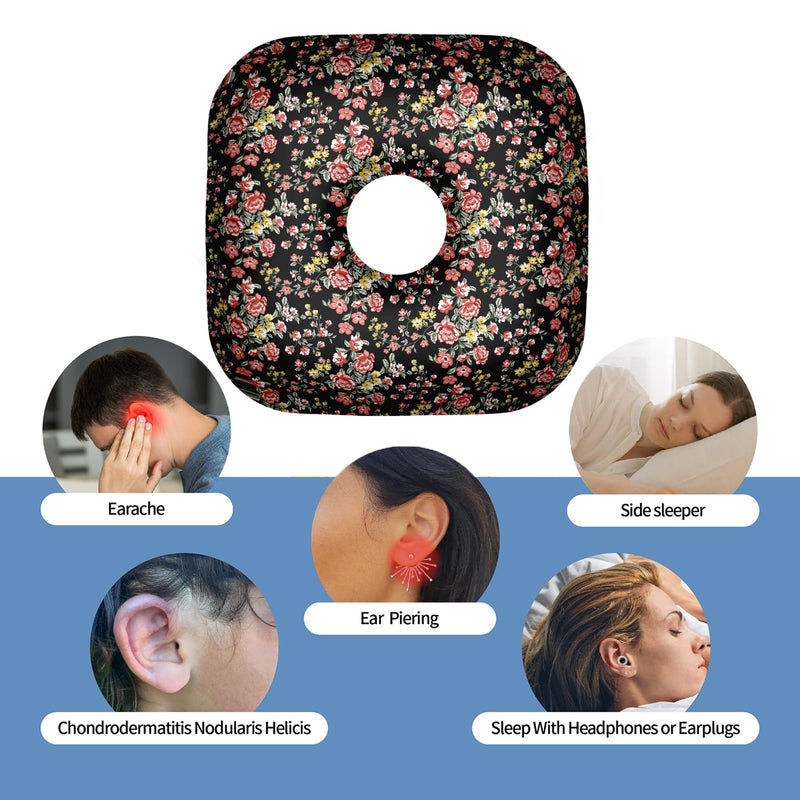[Australia] - Ear Piercing Pillow with Ear Hole for Side Sleeper Relief Ear Pain,Cotton and Polyester Ear Pillows,Washable Ear Guard Pillow Black Flower One Size 