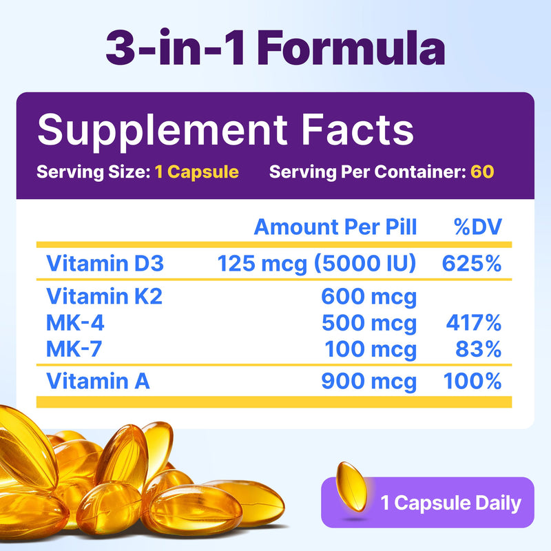 [Australia] - InnovixLabs Vitamin D3 K2-5000 IU Vitamin D3 Plus 600 mcg Vitamin K2 MK4 and MK7 for Max Calcium Absorption, Supports Bone, Immune, Heart Health, 3rd Party Tested, Gluten Free, 60 Softgels 