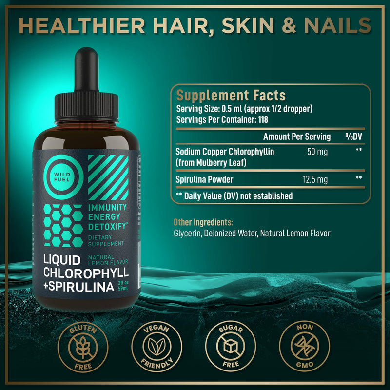 [Australia] - Liquid Chlorophyll Drops with Spirulina for Water - Full Strength Energy, Wellness, Immune Support Supplement - 50mg Chlorophyll Liquid, 12.5mg Spirulina - Lemon Flavor Detox Drink - 2oz, 118 Servings 