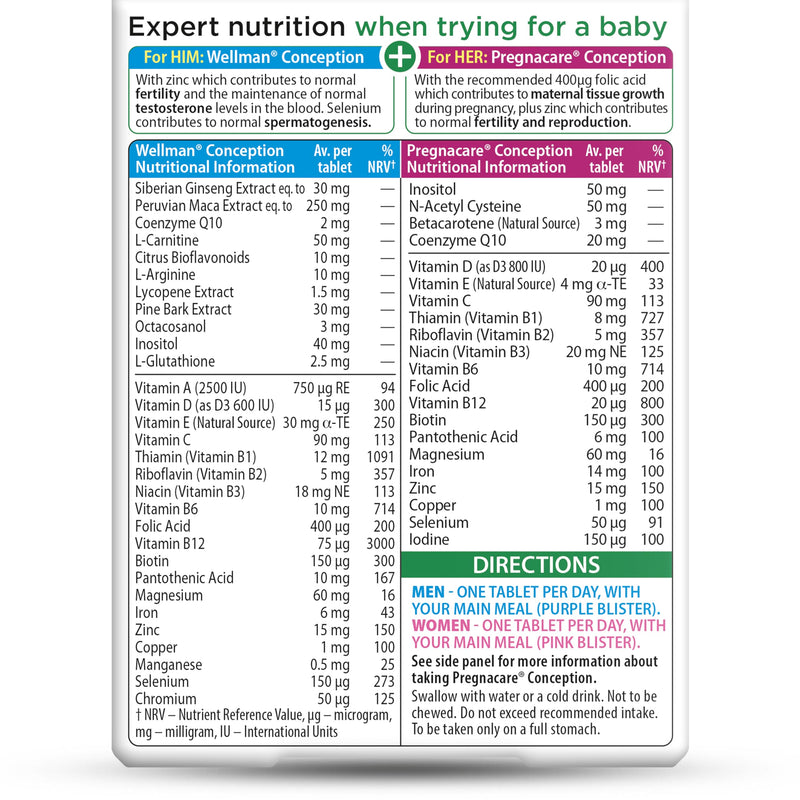 Pregnacare Conception Support for Couples - Pregnancy Vitamins - UK's No.1 Pregnancy Brand. Greater Prenatal Care for Women, Supplement with Added Omega-3 DHA for Normal Brain and Eye Development Unflavoured 60 count (Pack of 1)