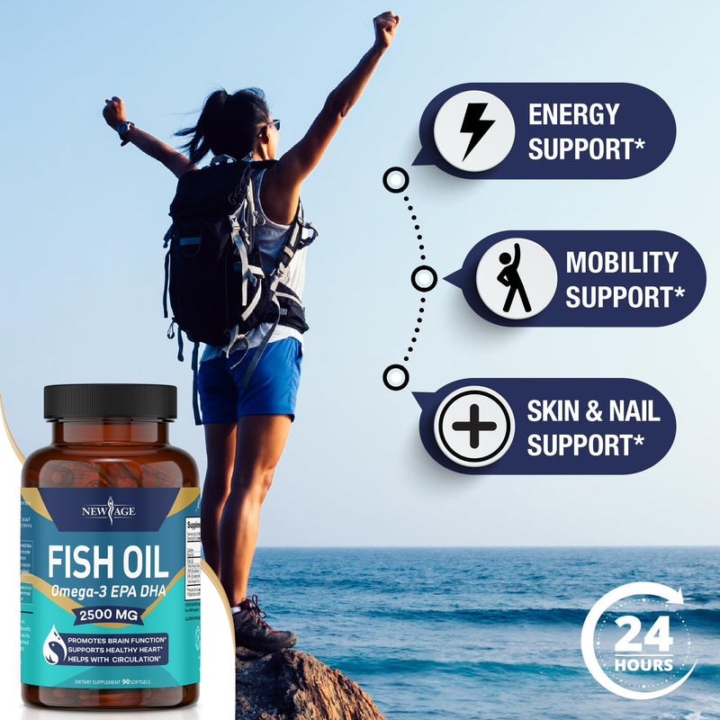 NEW AGE Omega 3 Fish Oil 2500mg Supplement Immune & Helath Support – Promotes Joint, Eye & Skin Health - Non GMO - EPA, DHA Fatty Acids Gluten Free (180 Softgels (Pack of 2)) 180 Softgels (Pack of 2)