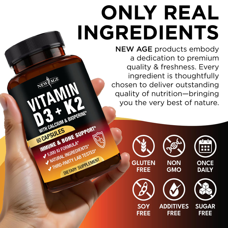 [Australia] - Vitamin D3 5,000 IU + K2 MK-7 100 mcg - 2-in-1 Bone, Immune & Heart Support, Easy to Swallow, Non-GMO - 120 Capsules 60 Count (Pack of 2) 