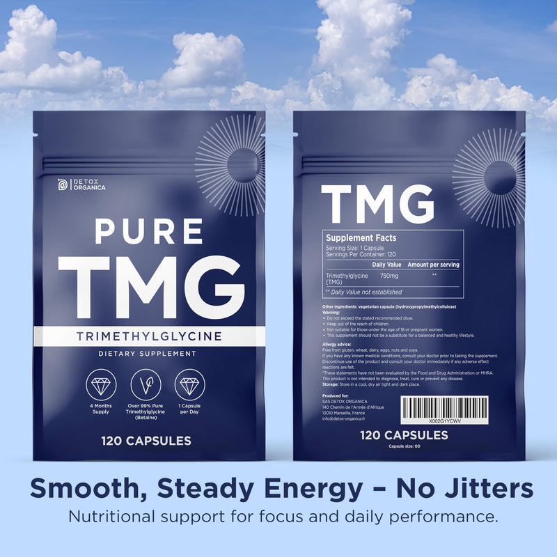 Detox Organica TMG Supplement 750 mg - 120 Capsules - 99% Pure Trimethylglycine (Betaine) - Supports DNA Methylation, Liver & Heart Health - Food Supplement - Vegan, Non-GMO
