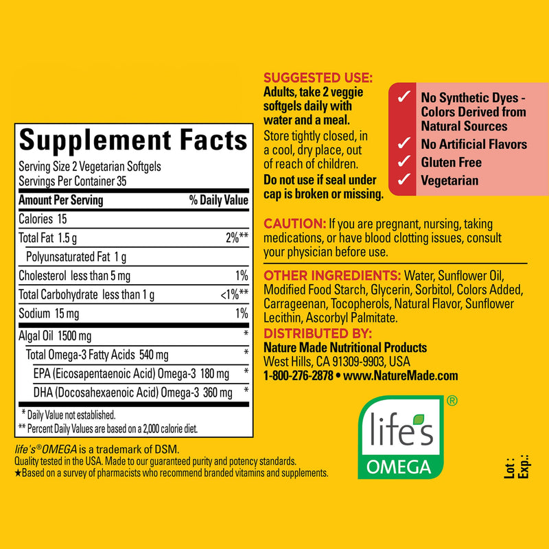 [Australia] - Nature Made Algae 540 mg Omega 3 Supplement, Alternative to Omega 3 Fish Oil Supplements, 70 Veggie Softgels, Sustainable, Plant-Based, for Healthy Heart, Brain, and Eye Support Unflavored 70 Count (Pack of 1) 