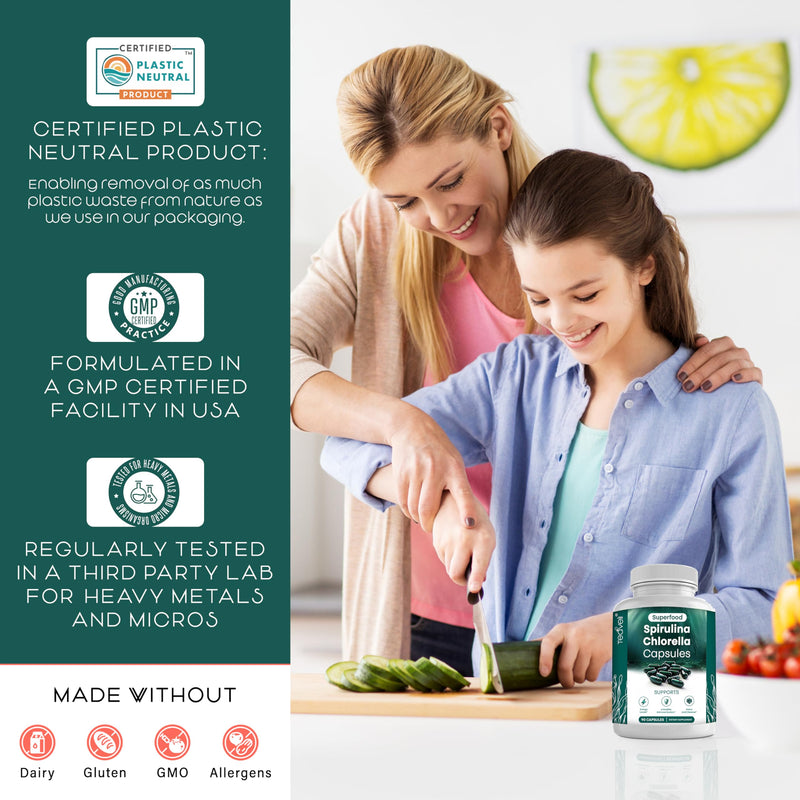 [Australia] - Organic Spirulina and Chlorella Capsules –Organic Chlorophyll Pills & Blue Green Algae to Support Powerful Detox, Energy & A Healthy Immune System– 3X More Chlorella Spirulina Powder/Serving – 90 Ct 