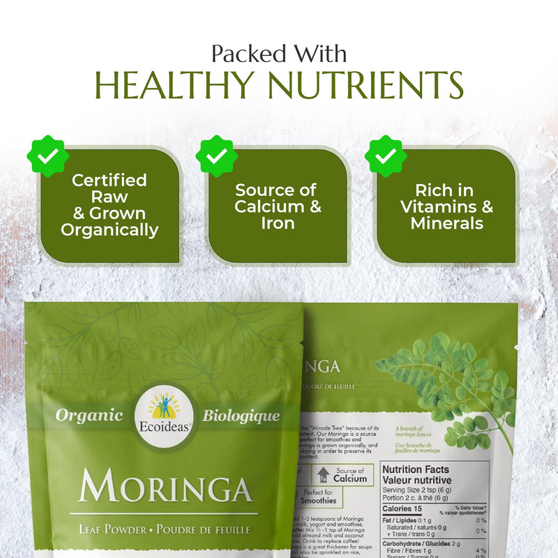 Ecoideas Org. Moringa Powder, 8 OZ Bag - Certified Organic, Kosher, Vegan, Gluten-free, Non-GMO, and RAW CRU 227 Gram