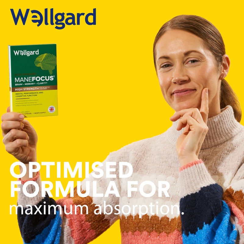 Wellgard Manefocus - Lions Mane Supplement Capsules for Mental Performance, Brain Health, Memory, Clarity, 60 Capsules