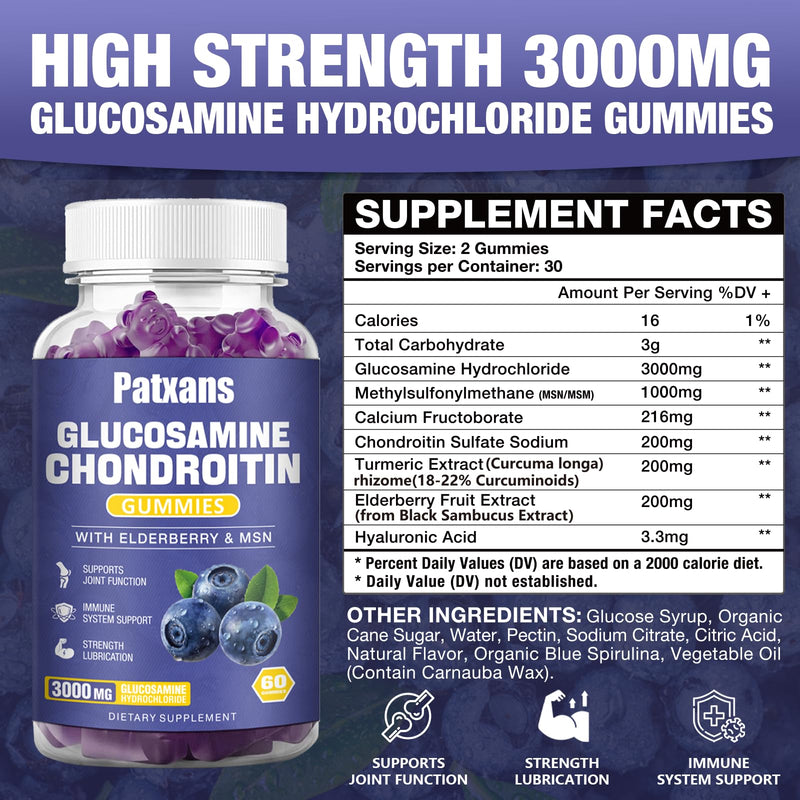 [Australia] - 2 Packs 3000MG Glucosamine Chondroitin Gummies - Extra Strength Joint Health & MSM Elderberry Natural Joint Support Supplement, Flexibility, Antioxidant Immune Support for Adults, 120 Gummies. 60 Count (Pack of 2) 