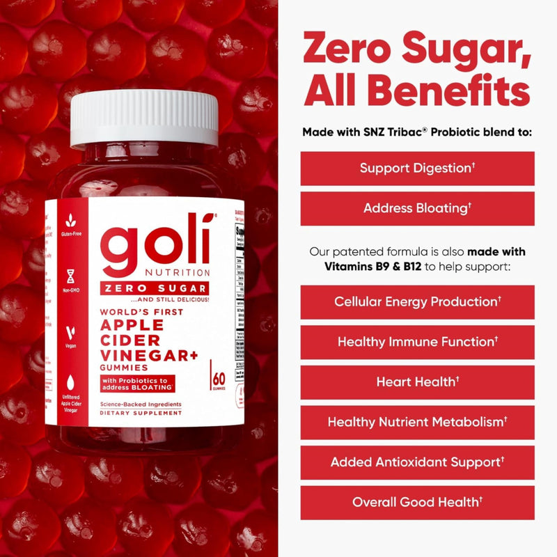 Goli Zero Sugar Apple Cider Vinegar Gummies, 60 Count Each (3 Pack, 180 Total) – ACV with Vitamin B12 & Probiotics, No Sugar Alcohols, Vegan, Keto & Gluten Free 180 Count