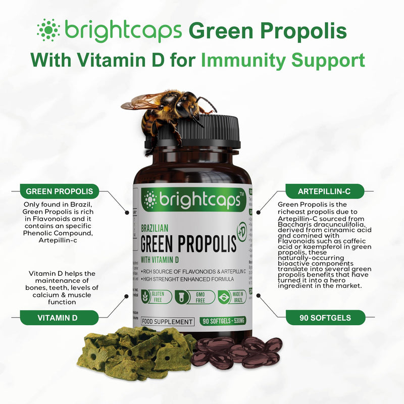 Bee Health Propolis | Brazilian Green Propolis | 87% Dry Extract | Immune System Booster | High Artepillin C | 43.2mg Phenolic Compound & 16.8mg Flavonoids | 54µg Vitamin D