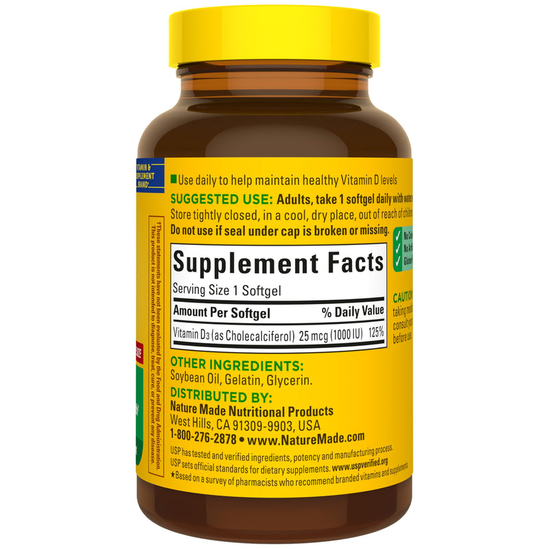 Nature Made Vitamin D3 1000 IU (25 mcg), 180 Vitamin D Softgels | Vitamin D Supplement for Immune, Bone, Teeth and Muscle Health Support, 180 Day Supply 180 Count (Pack of 1)