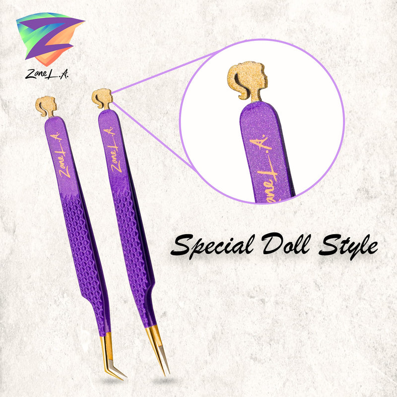 [Australia] - Zane L.A. Nano Fiber Tip Professional Eyelash Extension Tweezers, made with Japanese Stainless Steel, Unique Doll Design (Indigo) Indigo 