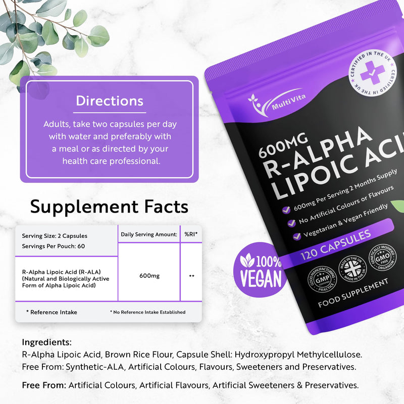 R-Alpha Lipoic Acid R-ALA 600mg Per Serving 120 Capsules High Strength Antioxidant Supplement, Contains Only the R Form, Non-GMO, UK Manufactured to GMP Standards
