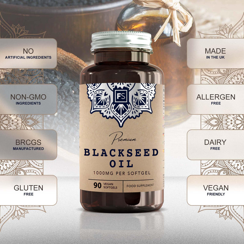 FS Black Seed Oil | 90 High Strength Black Seed Oil Softgel Capsules - 1000mg Blackseed per Capsule | Softgels for Increased Absorption | Non-GMO,Gluten & Allergen Free | Manufactured in the UK