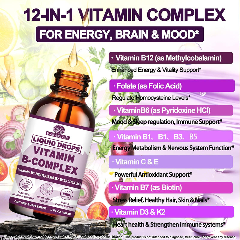 Vitamin B Complex for Women Men, Methylated B Complex Vitamins Liquid, 2Oz | Super B Complex - B12 Methylcobalamin | B9 Folic | Vitamin C, B12 B6 B1 Niacin, Support Brain, Heart & Immune Health, Vegan