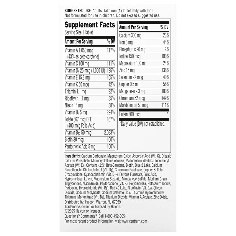 Centrum Silver Women's Multivitamin for Women 50 and Over, 100 Tablets | Contains Vitamin D3, B Vitamins, Calcium, and Antioxidants, Non-GMO Ingredients, Supports Memory and Cognition, GLP-1 Support 100 Count (Pack of 1)