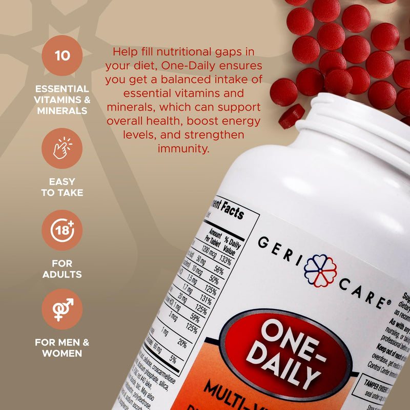 GeriCare One-Daily Multi-Vitamin Tablet, 1000 Count Adult Multivitamin Supplement for Men & Women | Easy-to-Take Dietary Supplement with Vitamins A, C, D3, B, Calcium| Vitamin & Mineral Complex 1000 Count (Pack of 1)
