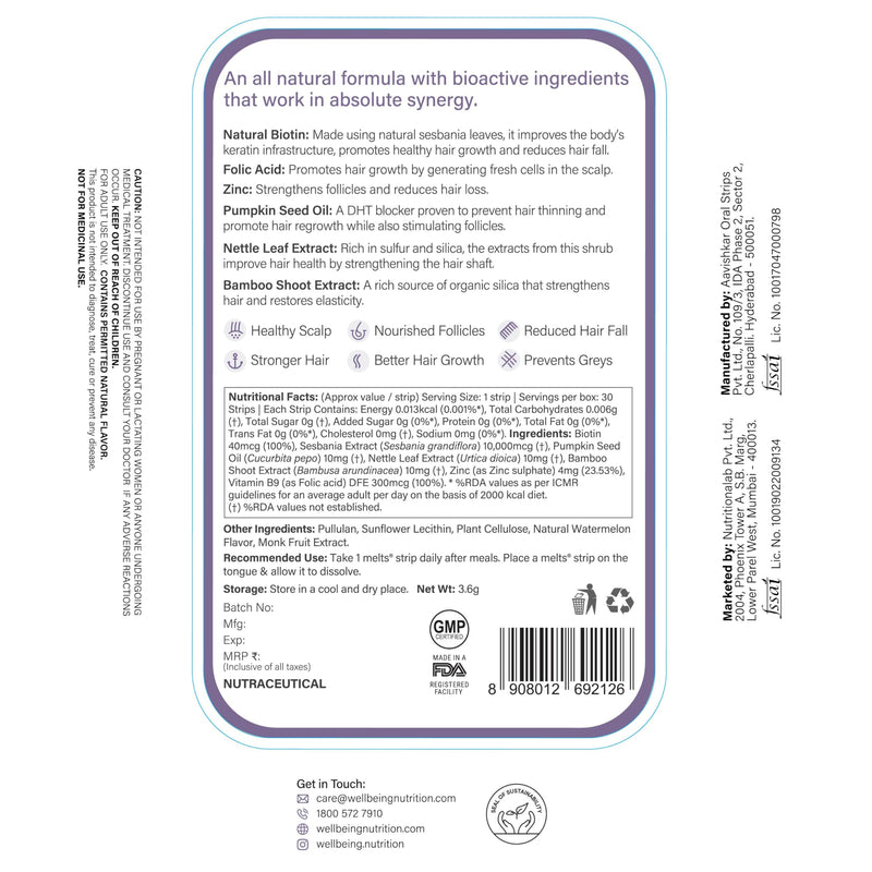Wellbeing Nutrition Melts Healthy Hair (30 Oral Thin Strips) with Plant Based Biotin, Zinc, Bamboo Extract, Folic acid for Hair Nourishment, Strength and Thickness