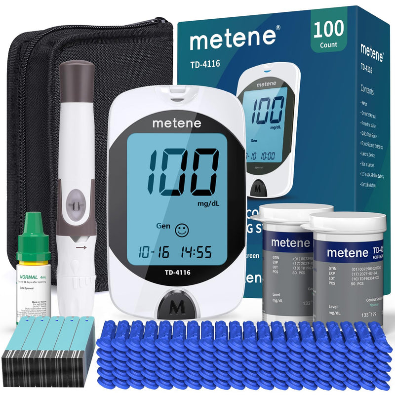 Metene TD-4116 Blood Glucose Monitor Kit, 100 Glucometer Strips, 100 Lancets, 1 Blood Sugar Monitor, Blood Sugar Test Kit with Control Solution, Lancing Device, No Coding, Large Display