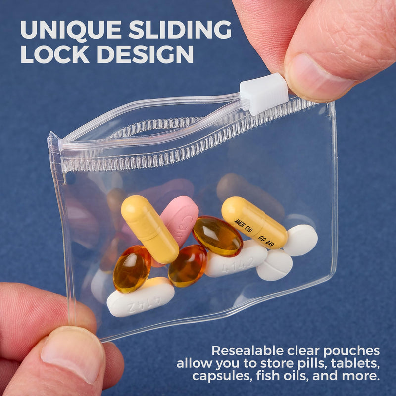 Zippered Pill Pouch Bags - 24 Pcs, Slide Lock Clear Plastic Mini Bags, BPA-Free for Pills Vitamins, Supplements, Medications, Jewelry, Crafts, Small Objects - Self-Sealing, Reusable, Travel-Friendly
