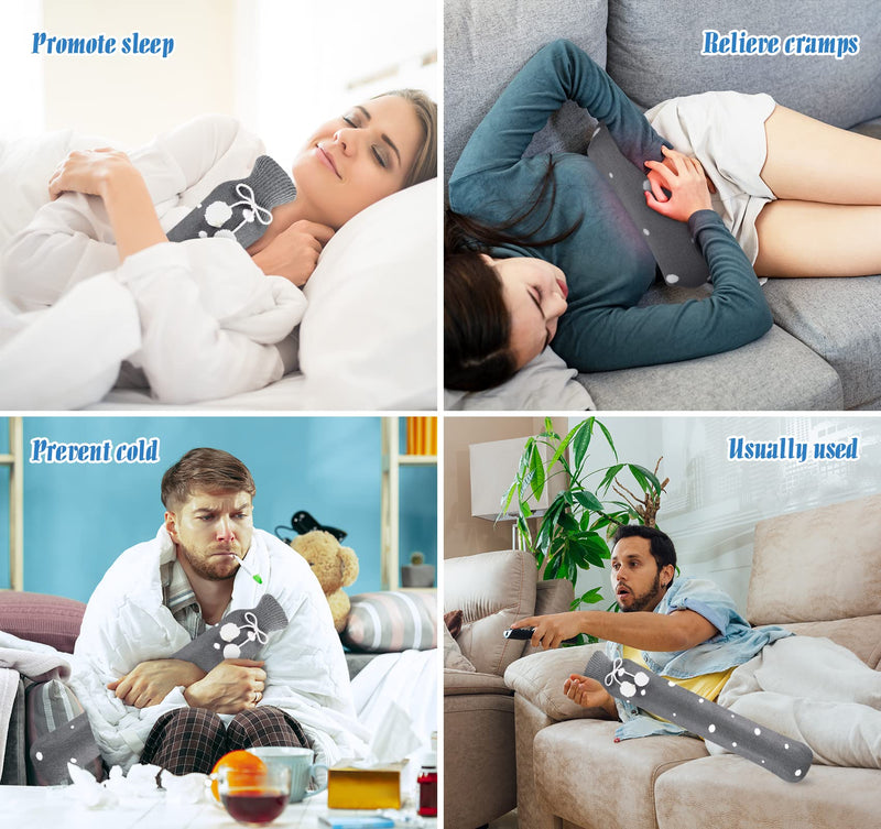 [Australia] - 73 cm hot water bottle hose long with knitted cover, hot water bottle 2 L with folding funnel, portable and washable knitted bottle cover hot water bottle for muscle pain, menstrual cramps (white/grey) white spot on grey 
